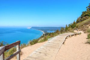 A view from a walkway over Sleeping Bear Dunes