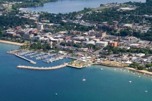 An aerial view of Traverse City over the lake.