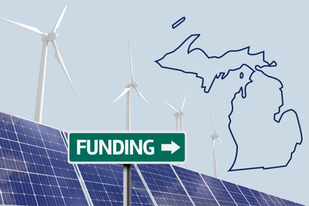 Clean Energy in Michigan. Image of solar panels, wind turbines, funding sign, and Michigan outline.