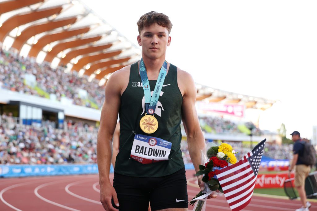 EUGENE, OREGON - JUNE 22: Heath Baldwin poses with his gold medal after winning the men's decathlon on Day Two of the 2024 U.S. Olympic Team Track & Field Trials at Hayward Field on June 22, 2024 in Eugene, Oregon. (Photo by Christian Petersen/Getty Images)