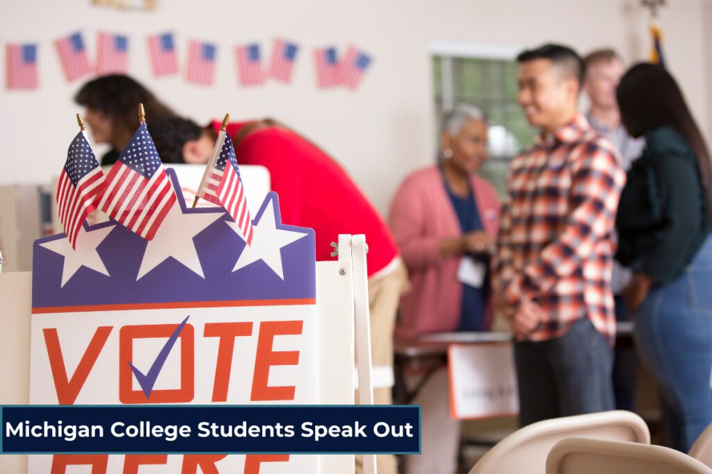 Opinion: The Republican Party will not protect the people I love. Photo of voters casting their vote and waiting in line, sign with "VOTE" in front of table.