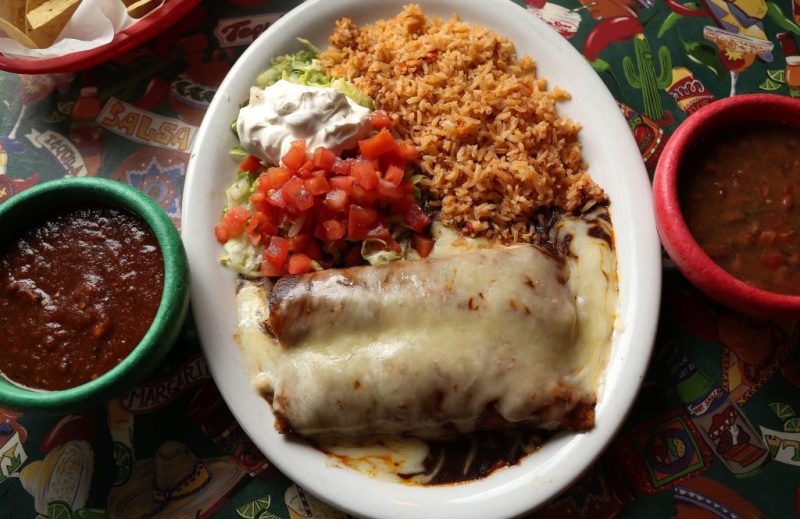Mole chicken enchiladas at a Mexican restaurant