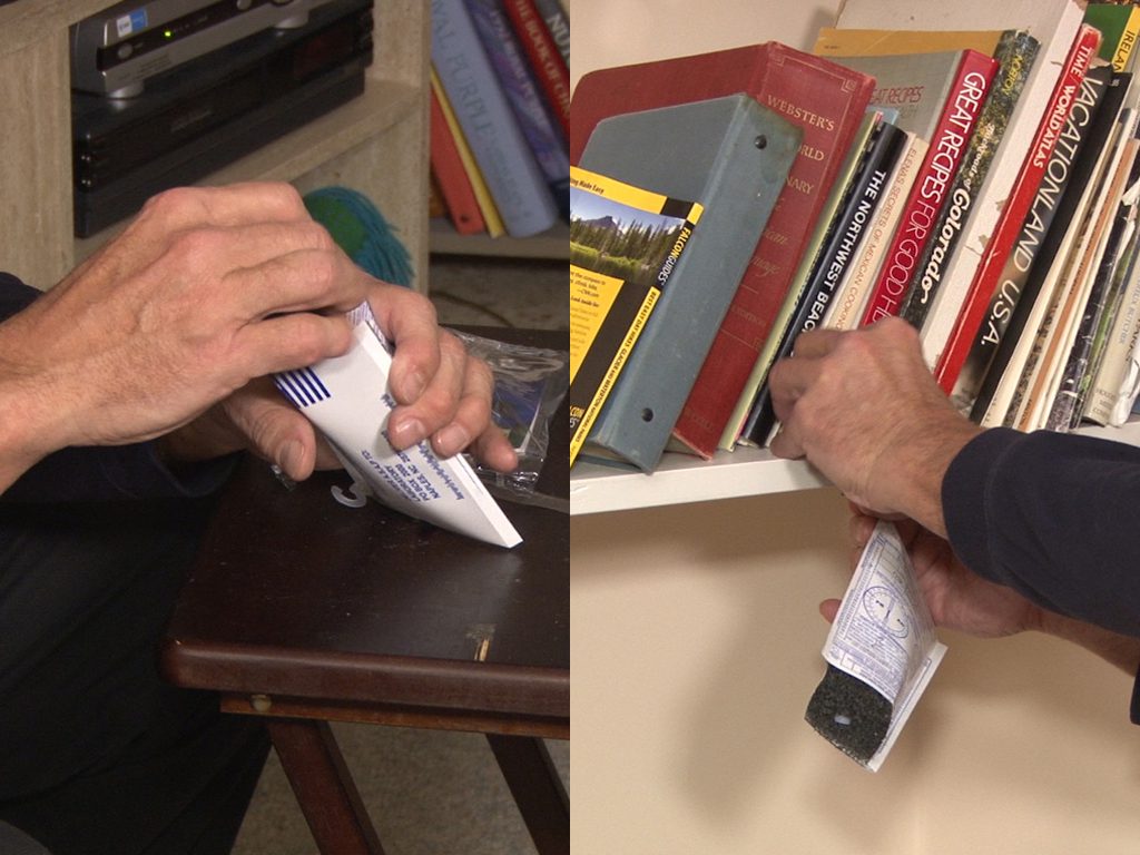 Side-by-side photos of a person using a Radon testing kit in their home.