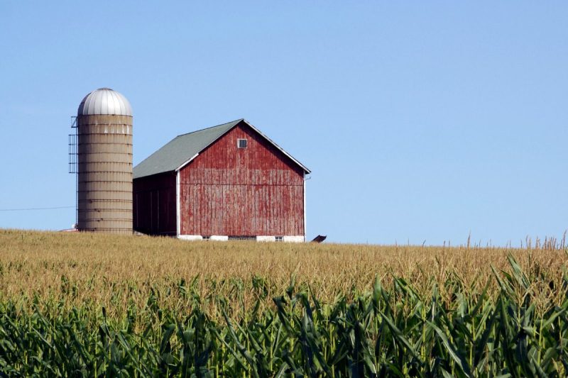 farmers. Farm with crops, red barn, and silo