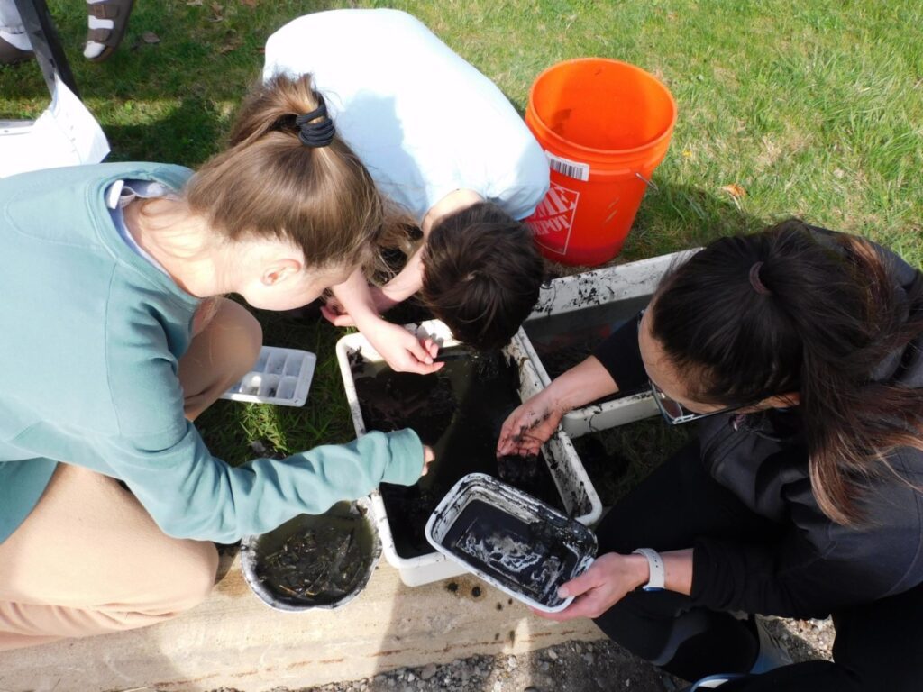 Image of Skyline High School students collecting data during their annual pond project testing the school’s pond water quality.