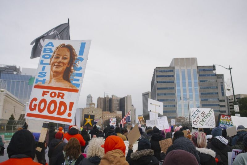 DETROIT, MICHIGAN - JANUARY 13: Protesters demonstrate against President Donald Trump visit to Detroit as he speaks at the Detroit Economic Club at the MotorCity Casino in Detroit, Michigan on January 13, 2026. (Photo by Katie McTiernan/Anadolu via Getty Images)
