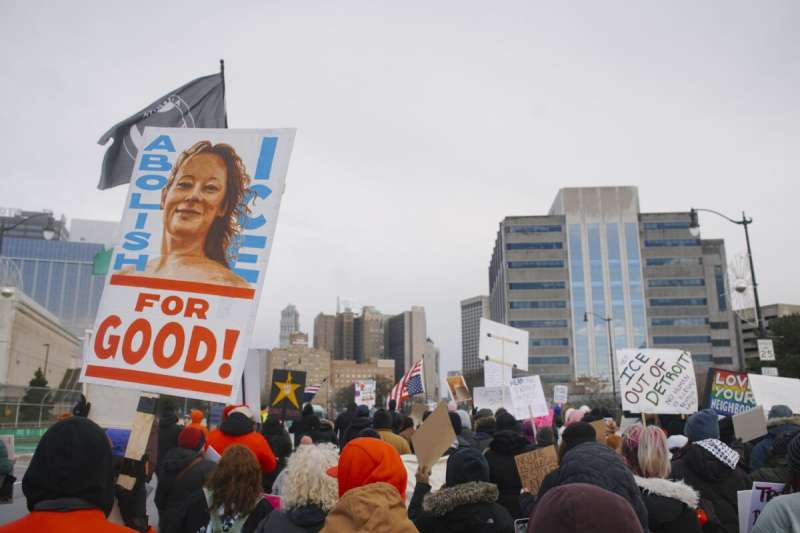 DETROIT, MICHIGAN - JANUARY 13: Protesters demonstrate against President Donald Trump visit to Detroit as he speaks at the Detroit Economic Club at the MotorCity Casino in Detroit, Michigan on January 13, 2026. (Photo by Katie McTiernan/Anadolu via Getty Images)