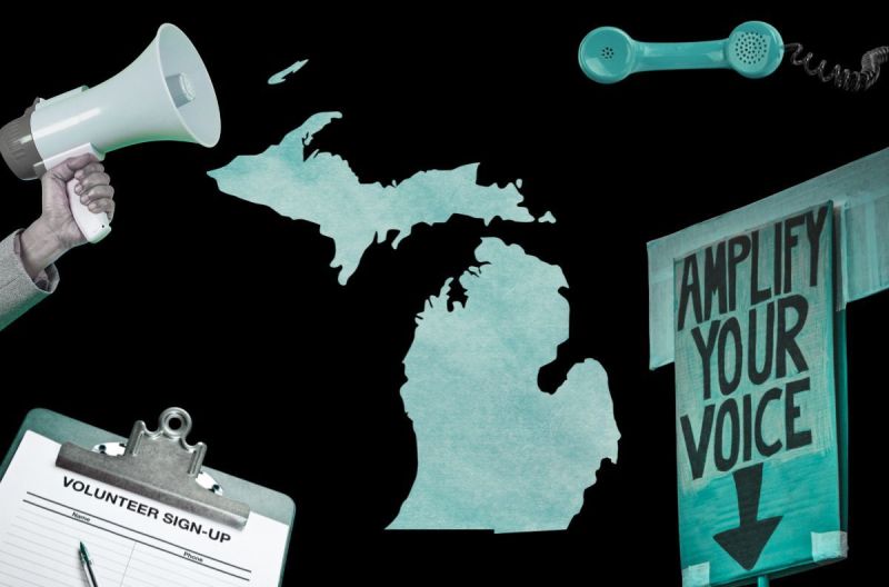 Protests sign, volunteer sign up clipboard, Michigan outline, phone, megaphone