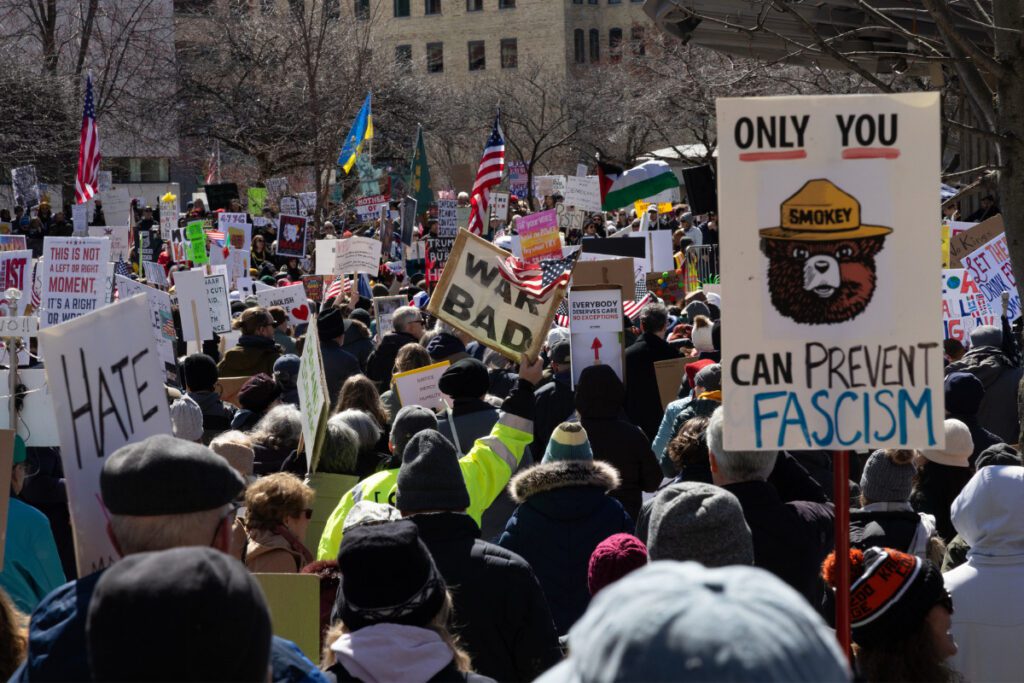 Demonstrators at the No Kings Protests on March 28, 2026 in Grand Rapids, Michigan. Photo: Indivisible Greater Grand Rapids