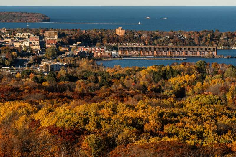 Fall color fills the landscape overlooking downtown Marquette.